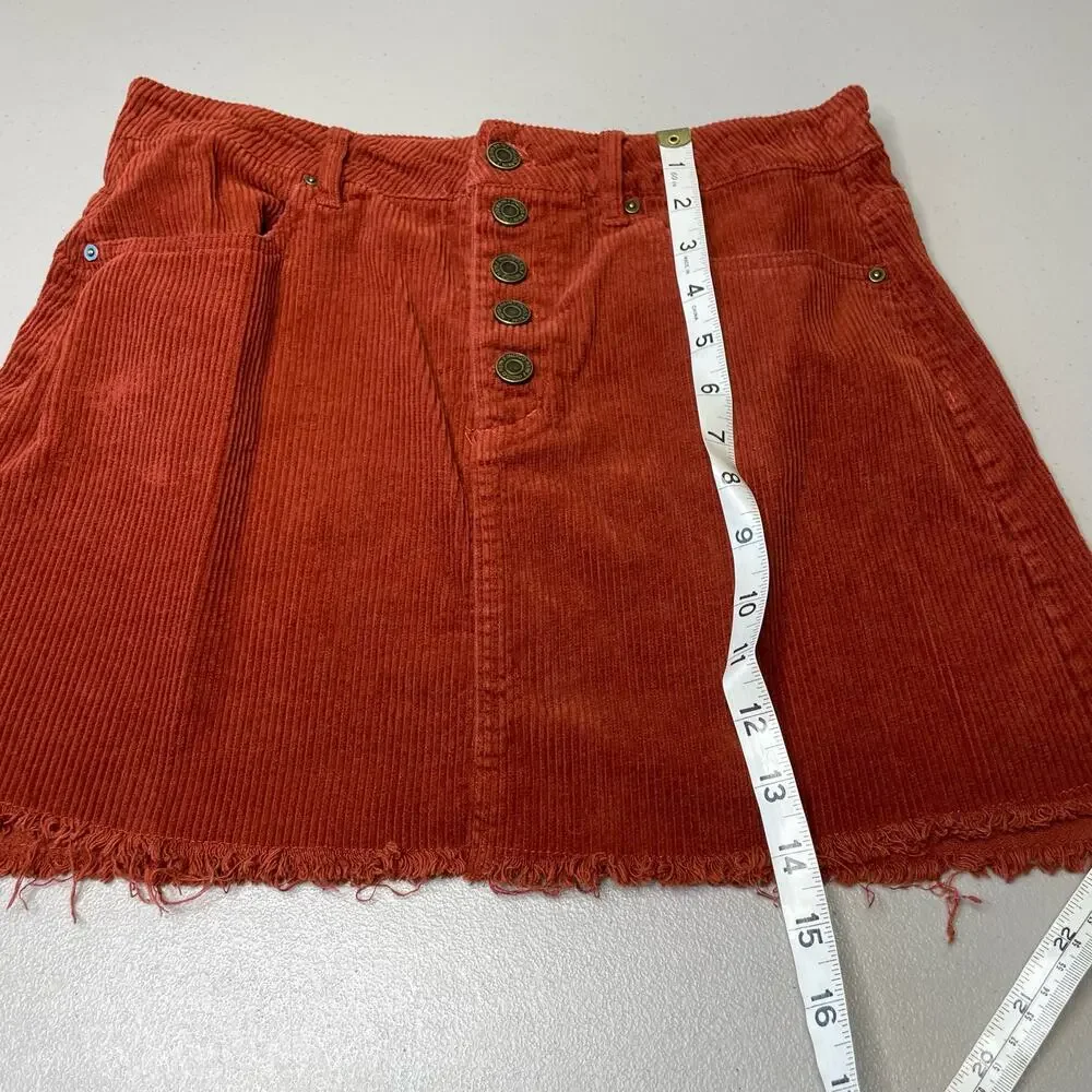 Indigo Rein Corduroy A-Line Mini Skirt Button Front Raw Hem Burnout‎ Orange 3/25